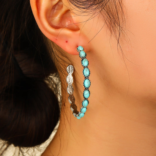 Retro Western Style Turquoise Large Circle C- Shaped Turquoise Eardrop Earring